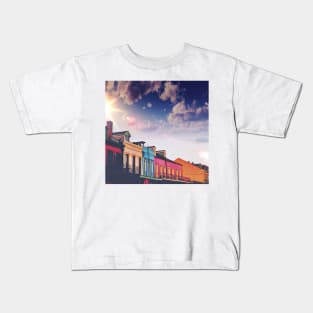 Sunny Cloudy Skies and Iconic Colorful Rainbow New Orleans French Quarter Nola Homes Yellow Light Blue Pink Orange Architecture Minimal Cityscape in Southern Louisiana Kids T-Shirt